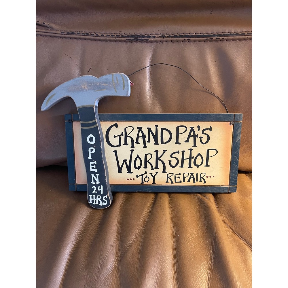 Grandpa's Workshop Toy Repair Wooden Hanging Sign Rustic Hammer Wall Decor 12x11